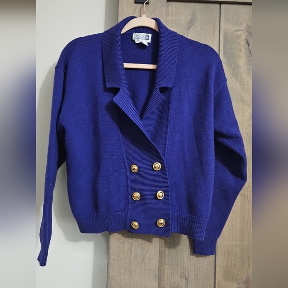 Vintage ADELE JOYCE Petites cobalt blue 100%wool button front cardigan sweater.M - Picture 2 of 10